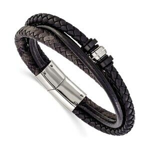 Kazi Luxury Steel Polished Black Braided Leather Multi Str& 8.5in Bracelet